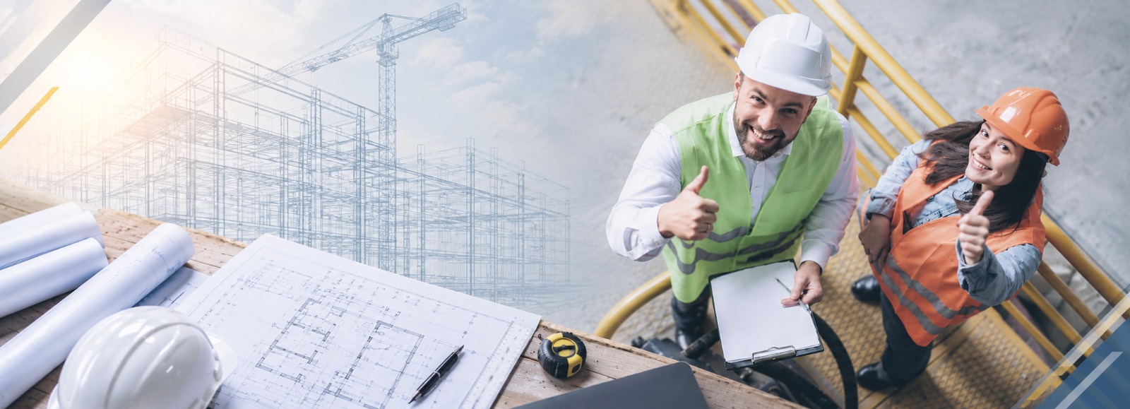 Equipo de ingeniería con planos y equipo de protección en obra